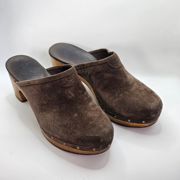 UGG Australia Suede Wooden Clog Mule Heels Sheepskin Lined Brown Sz 8 EU39 - Picture 2 of 10